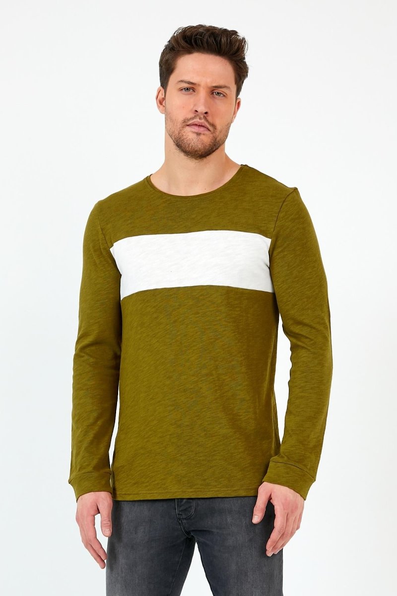Haki Unisex Regular Fit Bisiklet Yaka Uzun Kollu Şeritli Sweat MTLC0 - H1 - MMETALIC