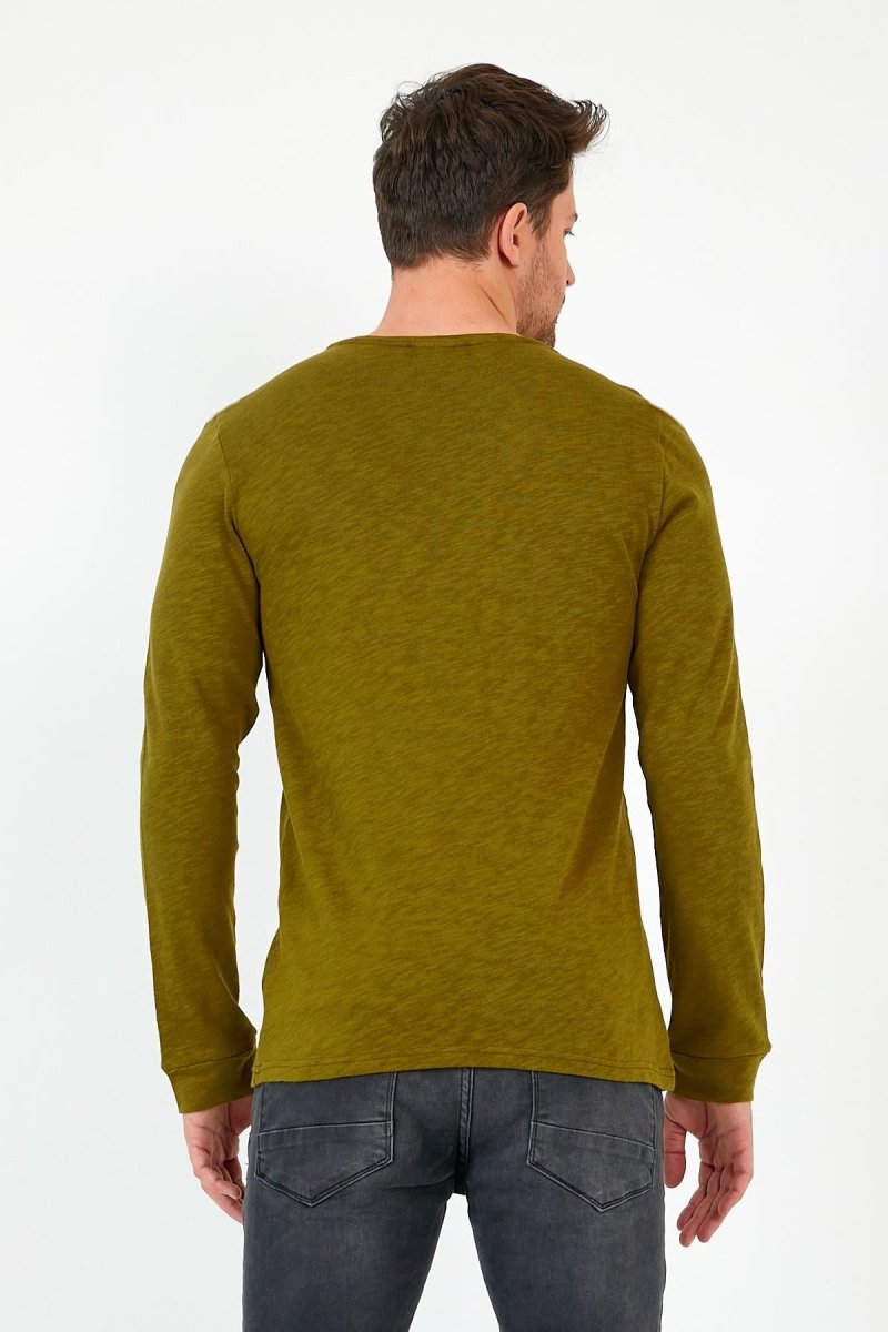 Haki Unisex Regular Fit Bisiklet Yaka Uzun Kollu Şeritli Sweat MTLC0 - H1 - MMETALIC