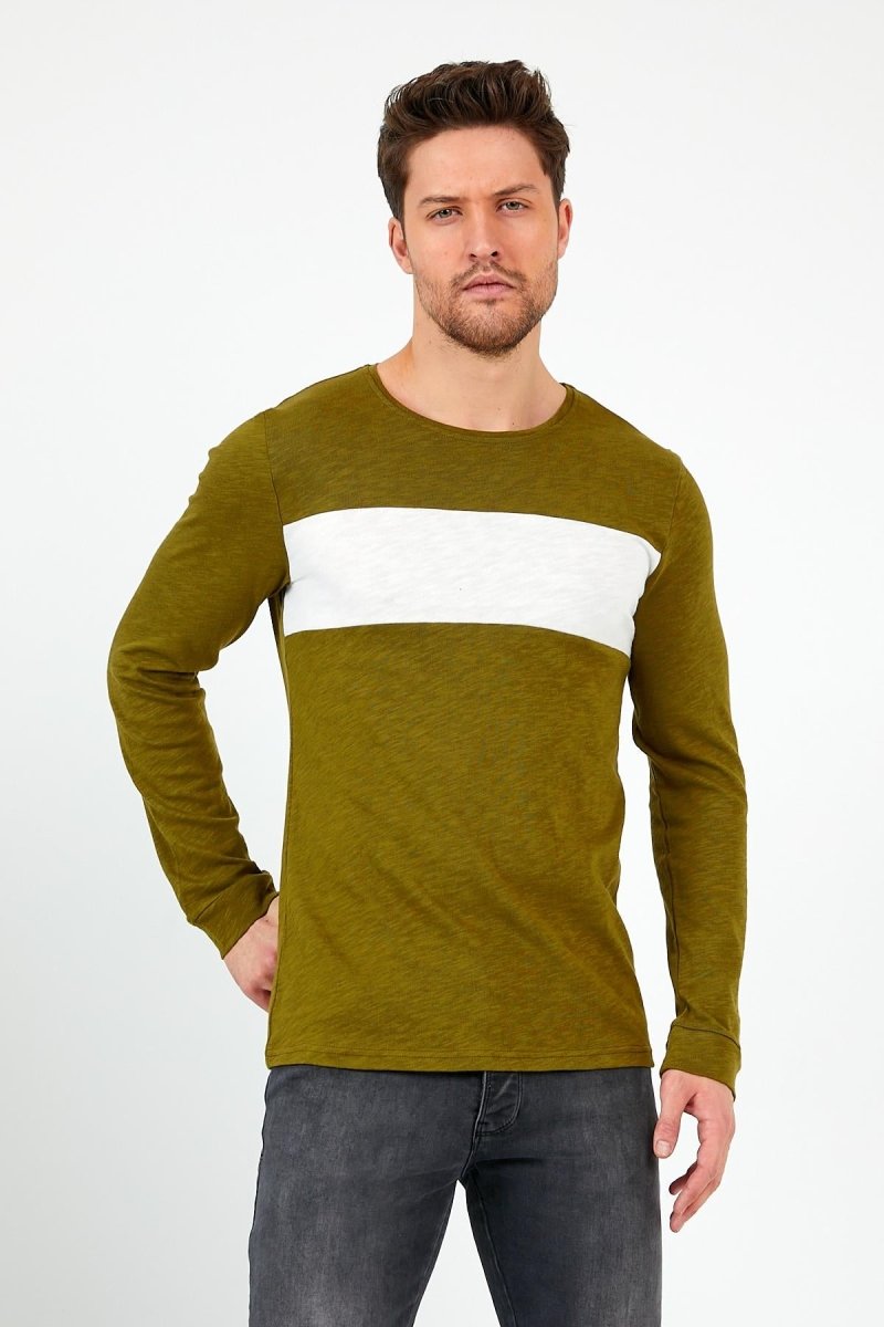Haki Unisex Regular Fit Bisiklet Yaka Uzun Kollu Şeritli Sweat MTLC0 - H1 - MMETALIC