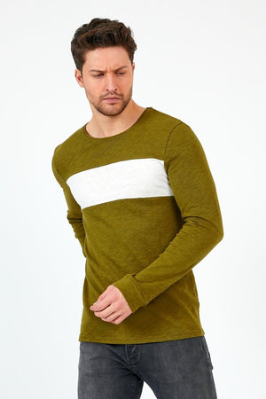 Haki Unisex Regular Fit Bisiklet Yaka Uzun Kollu Şeritli Sweat MTLC0 - H1 - MMETALIC