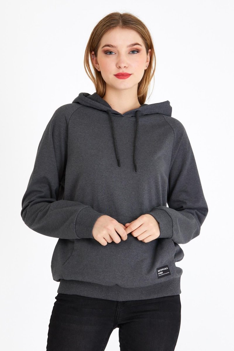 Kadın Antrasit Kapüşonlu Basic Örme Sweatshirt - MMETALIC