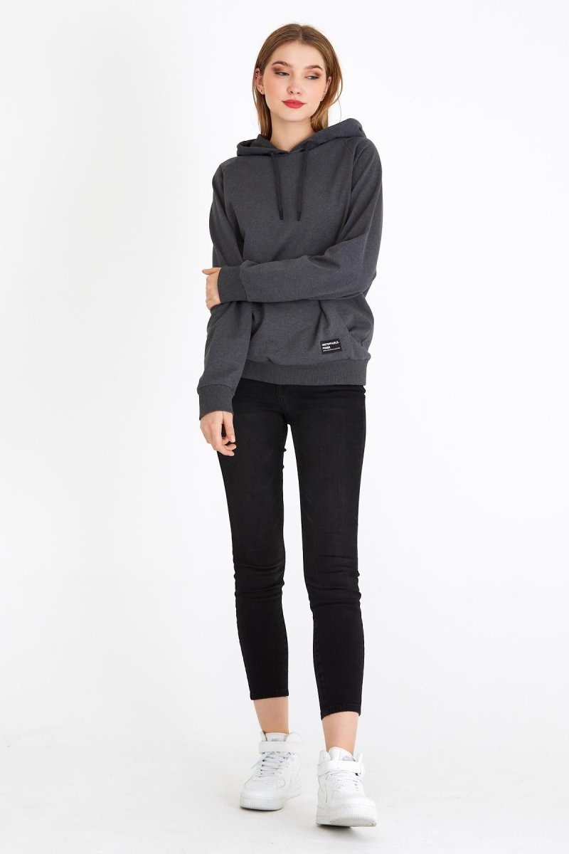 Kadın Antrasit Kapüşonlu Basic Örme Sweatshirt - MMETALIC