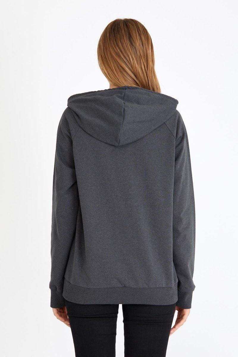 Kadın Antrasit Kapüşonlu Basic Örme Sweatshirt - MMETALIC