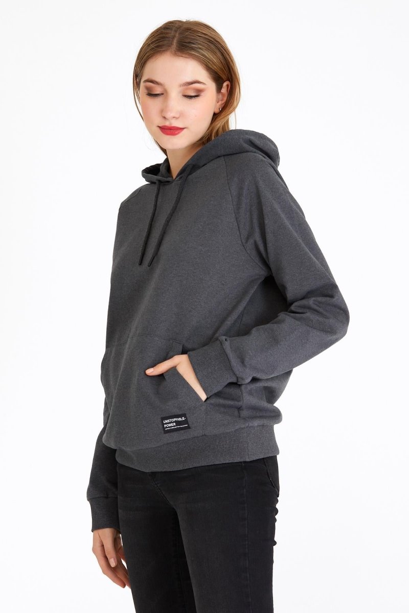 Kadın Antrasit Kapüşonlu Basic Örme Sweatshirt - MMETALIC