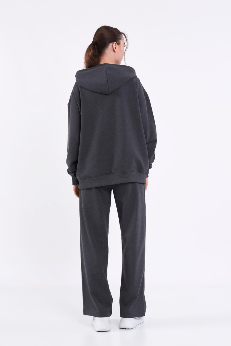 Kadın Antrasit Normal Kalıp Basic Beli Lastikli Kapüşonlu Oversize Mevsimlik Alt Üst Eşofman Takımı - MMETALIC