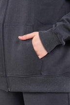 Kadın Antrasit Normal Kalıp Basic Beli Lastikli Kapüşonlu Oversize Mevsimlik Alt Üst Eşofman Takımı - MMETALIC