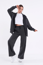 Kadın Antrasit Normal Kalıp Basic Beli Lastikli Kapüşonlu Oversize Mevsimlik Alt Üst Eşofman Takımı - MMETALIC