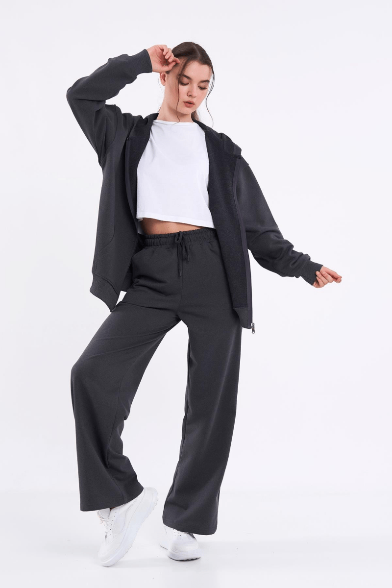 Kadın Antrasit Normal Kalıp Basic Beli Lastikli Kapüşonlu Oversize Mevsimlik Alt Üst Eşofman Takımı - MMETALIC