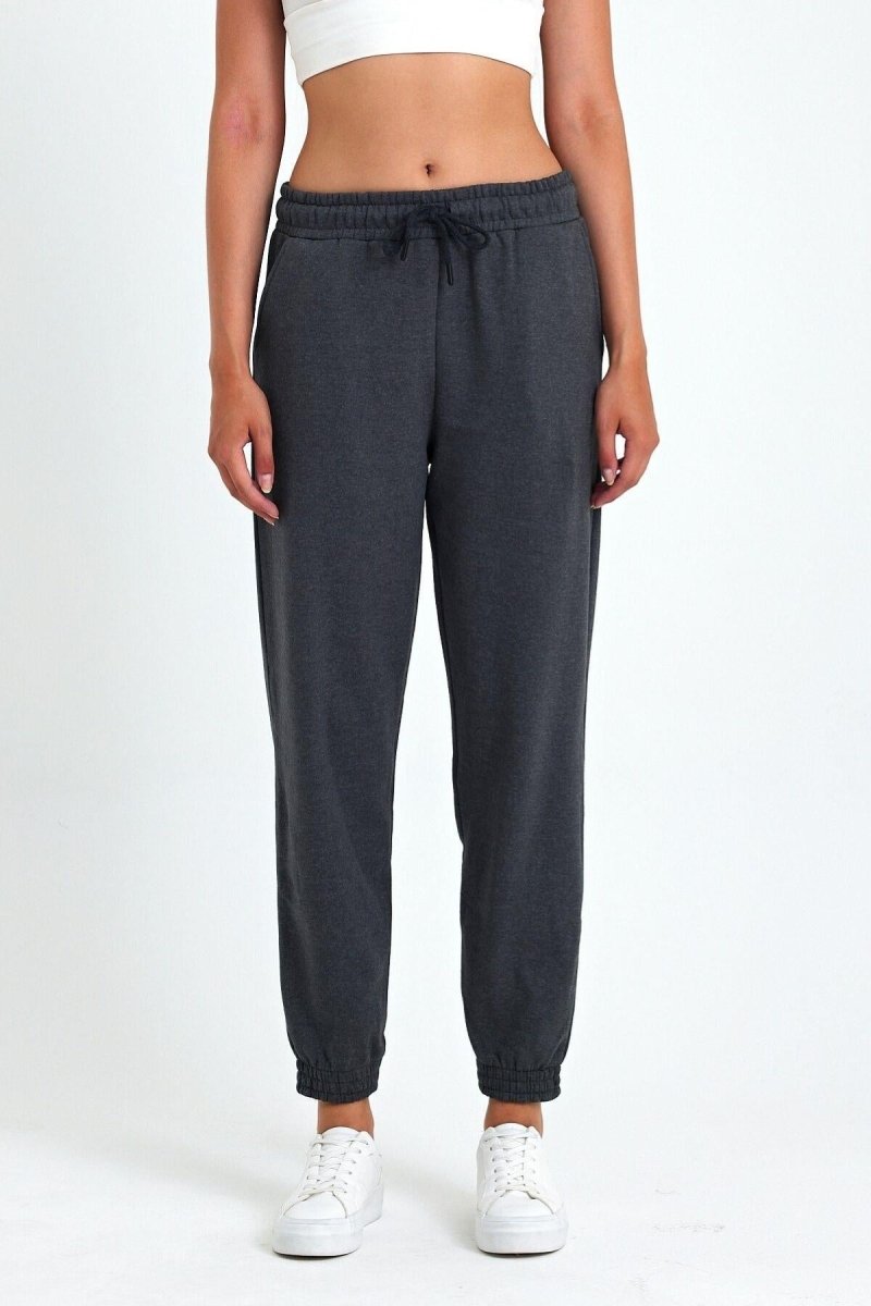 Kadın Antrasit Pamuklu Kalın Paçası Lastikli Yüksek Bel Rahat Jogger Eşofman Altı - MMETALIC