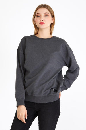 Kadın Antrasit Renk Basic Bisiklet Yaka Sweatshirt - MMETALIC