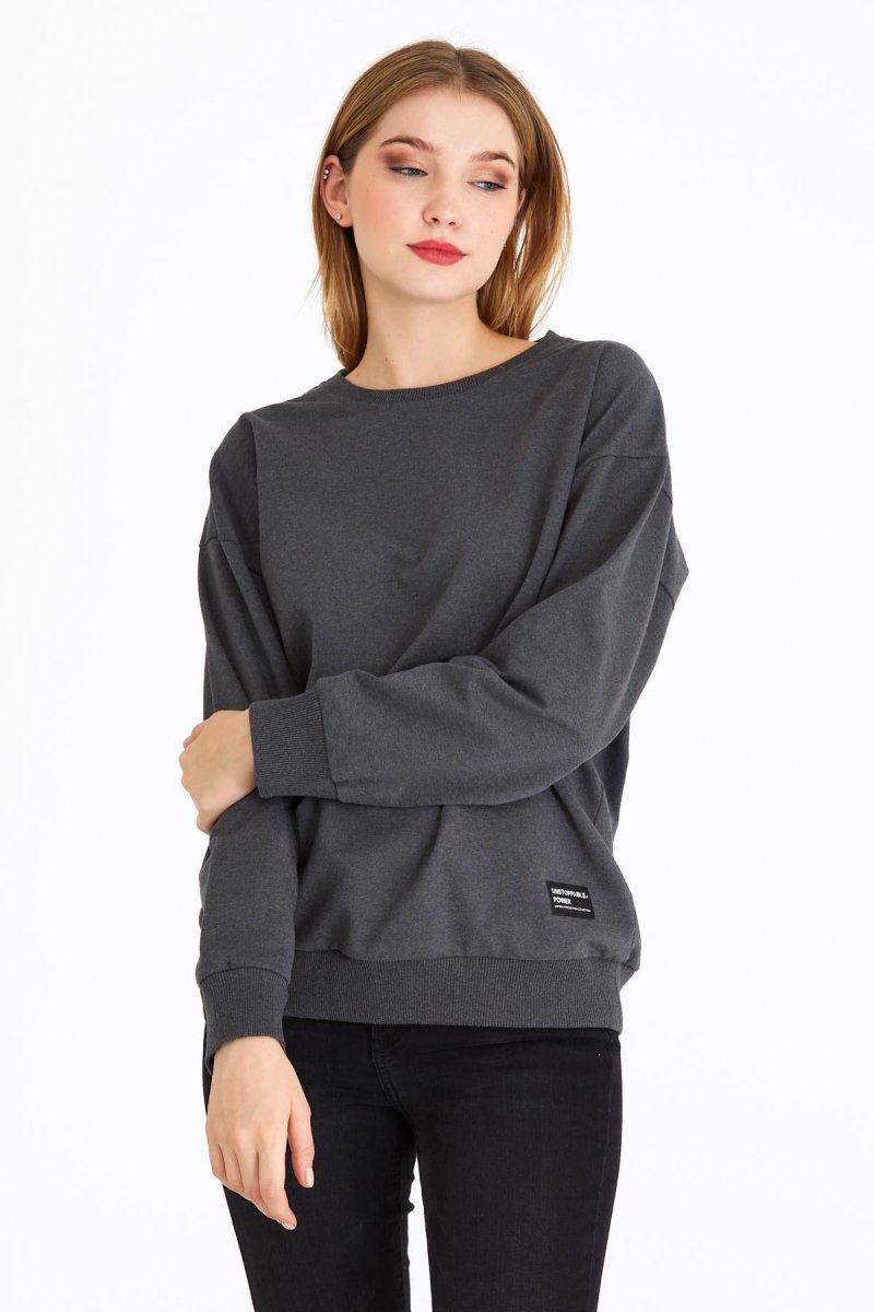 Kadın Antrasit Renk Basic Bisiklet Yaka Sweatshirt - MMETALIC