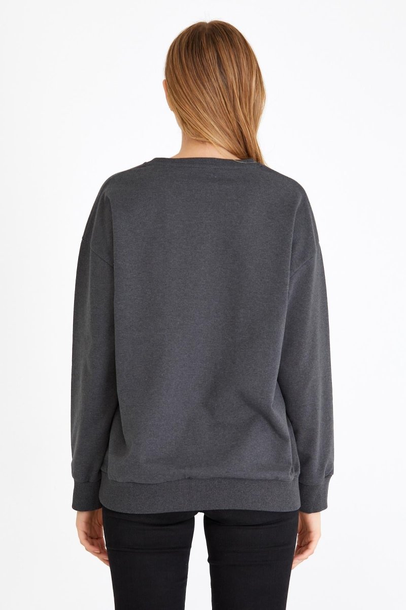 Kadın Antrasit Renk Basic Bisiklet Yaka Sweatshirt - MMETALIC