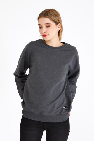 Kadın Antrasit Renk Basic Bisiklet Yaka Sweatshirt - MMETALIC
