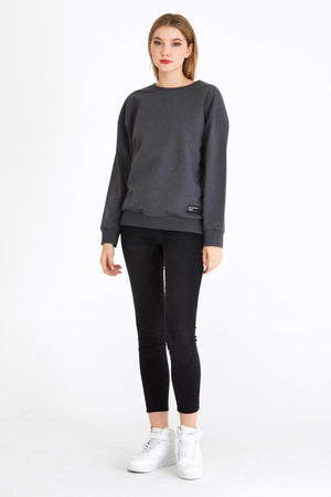 Kadın Antrasit Renk Basic Bisiklet Yaka Sweatshirt - MMETALIC