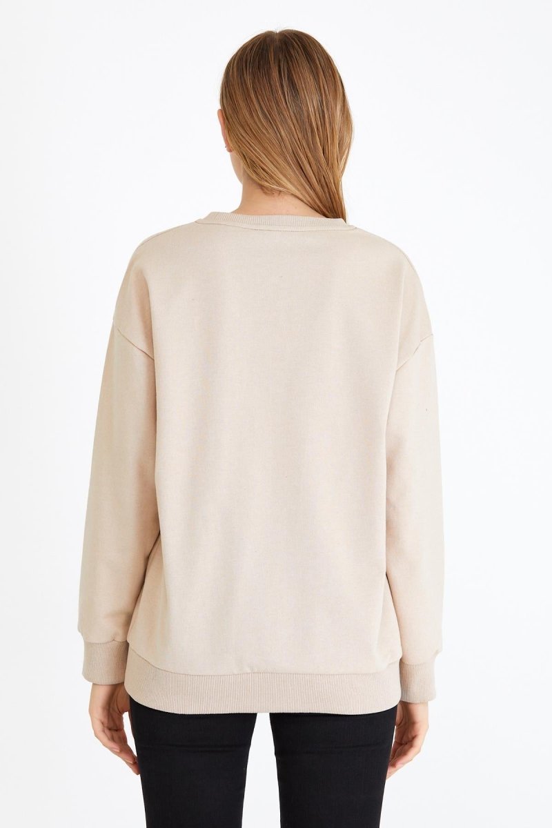 Kadın Bej Renk Basic Bisiklet Yaka Sweatshirt - MMETALIC
