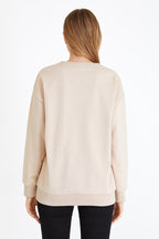 Kadın Bej Renk Basic Bisiklet Yaka Sweatshirt - MMETALIC