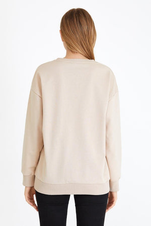 Kadın Bej Renk Basic Bisiklet Yaka Sweatshirt - MMETALIC