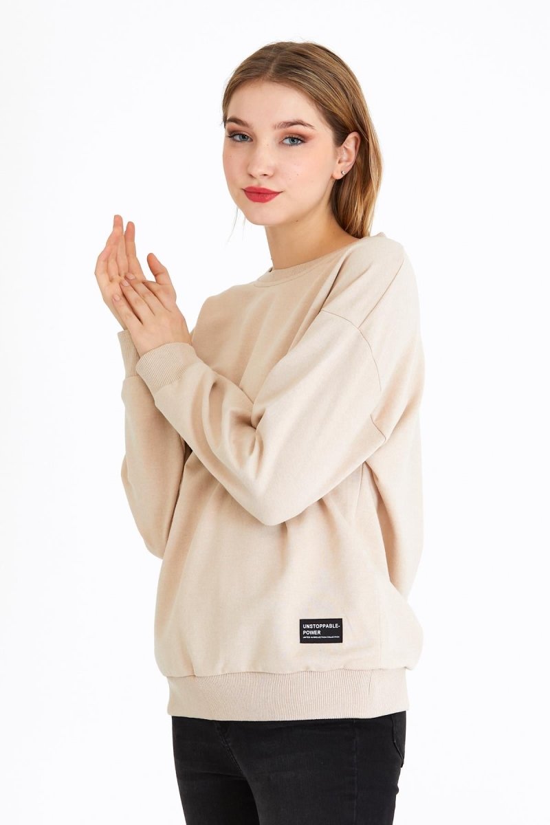 Kadın Bej Renk Basic Bisiklet Yaka Sweatshirt - MMETALIC