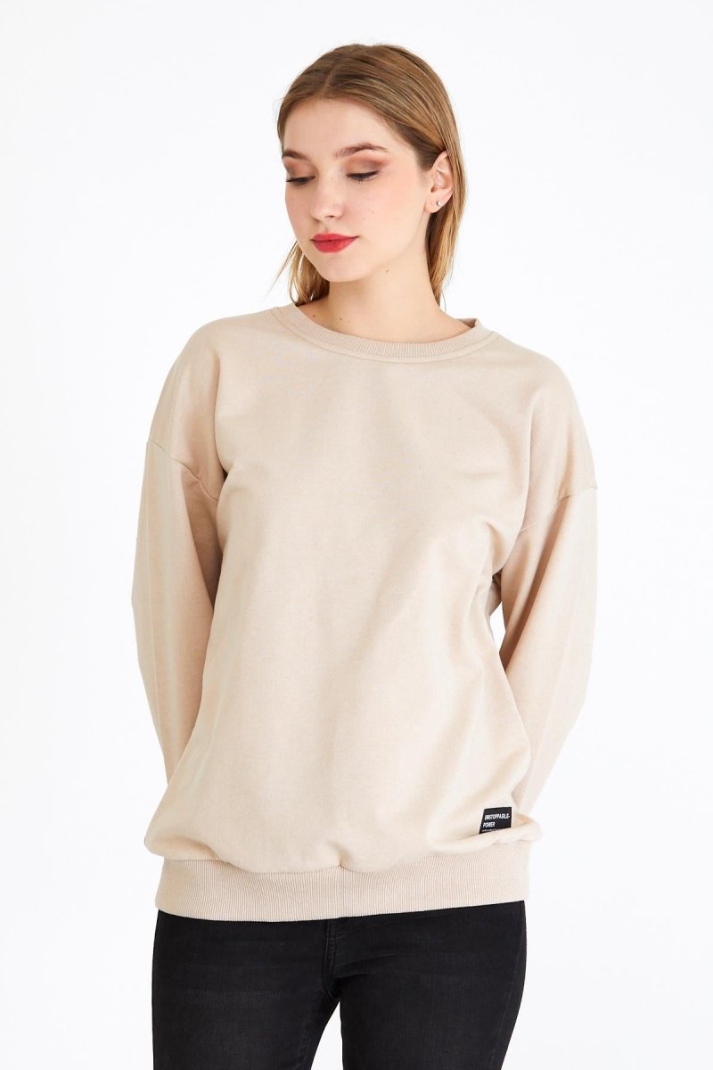 Kadın Bej Renk Basic Bisiklet Yaka Sweatshirt - MMETALIC