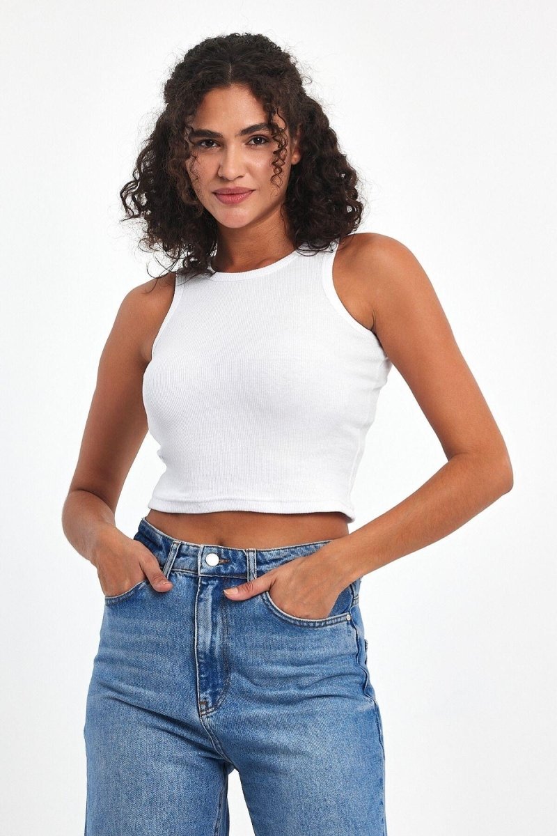Kadın Beyaz Fitilli Görünümlü Askılı Kalın Esnek Örme Basic Crop Atlet - MMETALIC