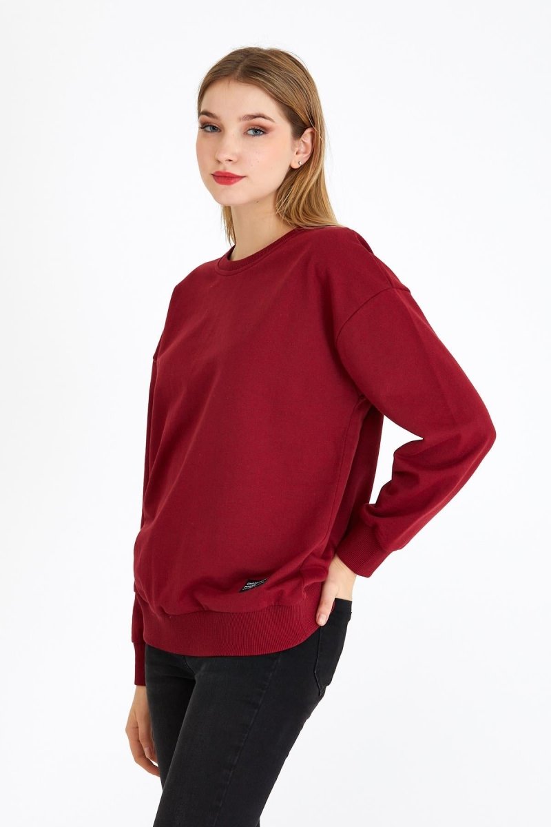 Kadın Bordo Renk Basic Bisiklet Yaka Sweatshirt - MMETALIC