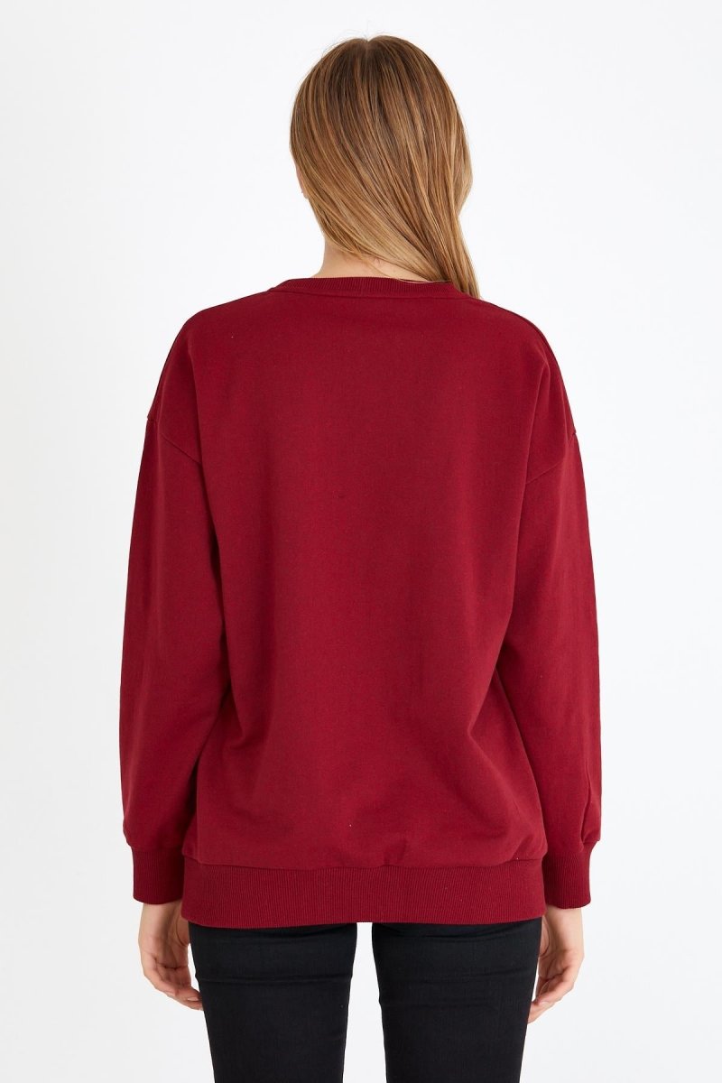 Kadın Bordo Renk Basic Bisiklet Yaka Sweatshirt - MMETALIC