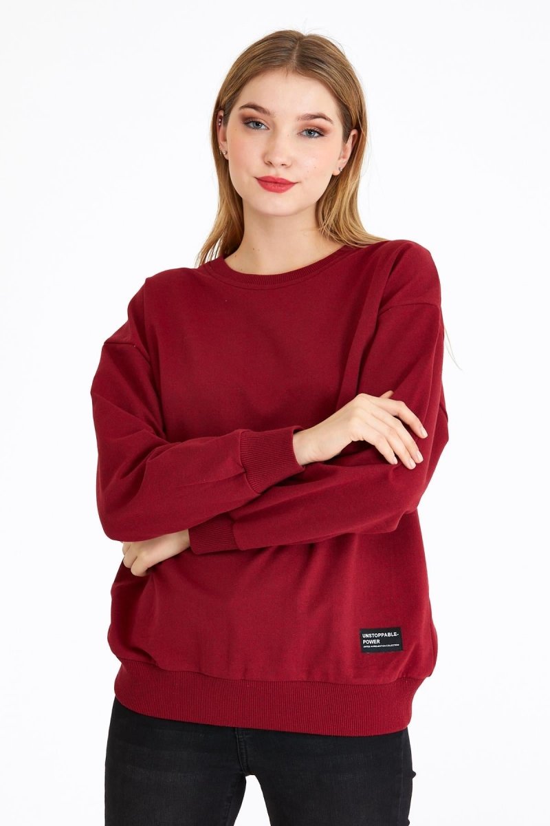 Kadın Bordo Renk Basic Bisiklet Yaka Sweatshirt - MMETALIC
