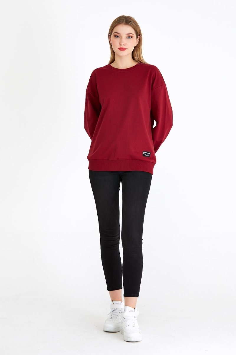 Kadın Bordo Renk Basic Bisiklet Yaka Sweatshirt - MMETALIC