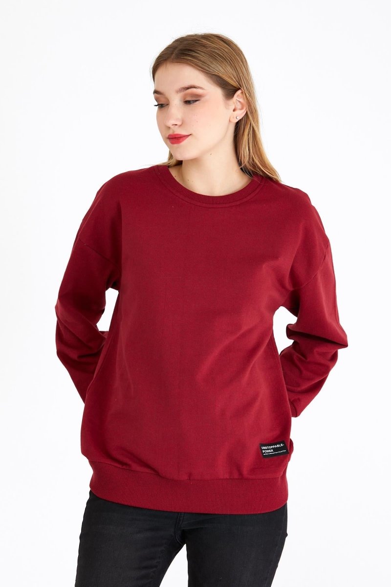 Kadın Bordo Renk Basic Bisiklet Yaka Sweatshirt - MMETALIC