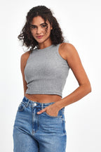 Kadın Gri Fitilli Görünümlü Askılı Kalın Esnek Örme Basic Crop Atlet - MMETALIC