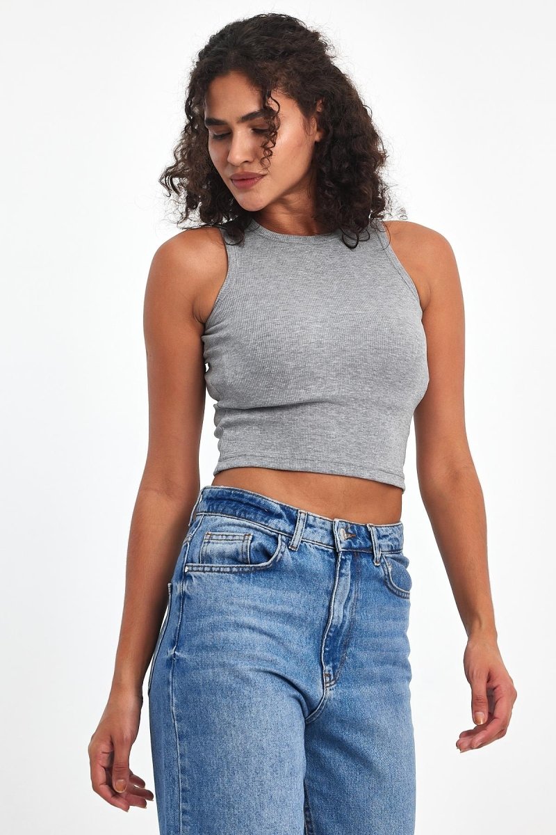 Kadın Gri Fitilli Görünümlü Askılı Kalın Esnek Örme Basic Crop Atlet - MMETALIC