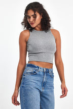 Kadın Gri Fitilli Görünümlü Askılı Kalın Esnek Örme Basic Crop Atlet - MMETALIC