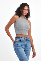 Kadın Gri Fitilli Görünümlü Askılı Kalın Esnek Örme Basic Crop Atlet - MMETALIC