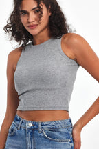 Kadın Gri Fitilli Görünümlü Askılı Kalın Esnek Örme Basic Crop Atlet - MMETALIC