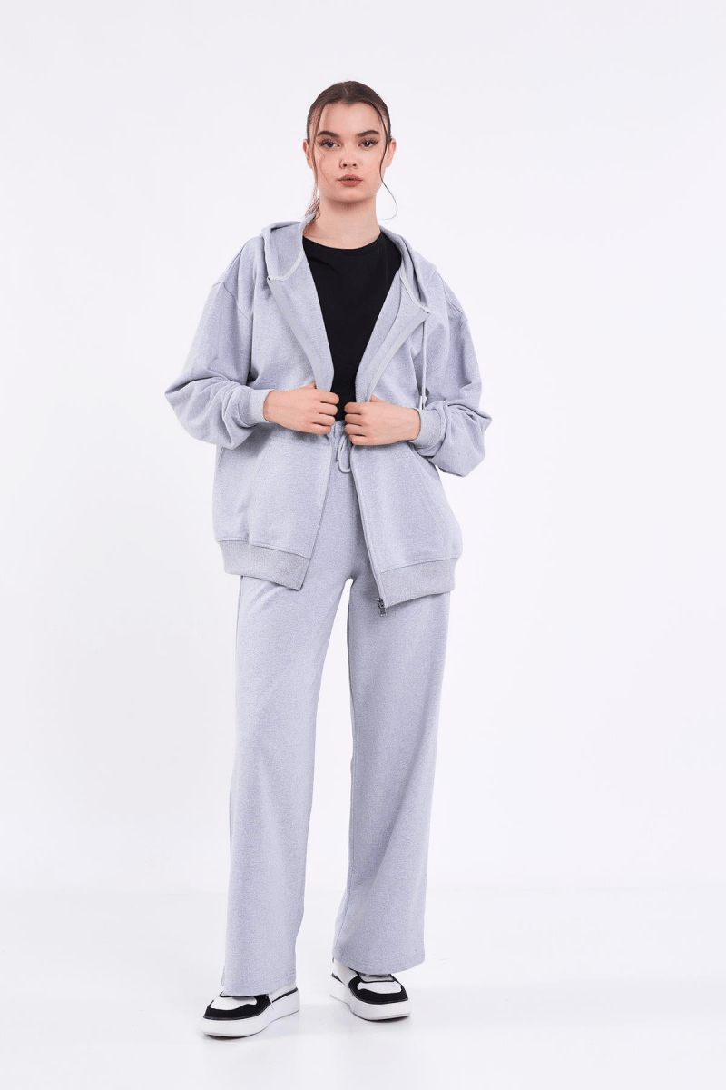 Kadın Gri Normal Kalıp Basic Beli Lastikli Kapüşonlu Oversize Mevsimlik Alt Üst Eşofman Takımı - MMETALIC