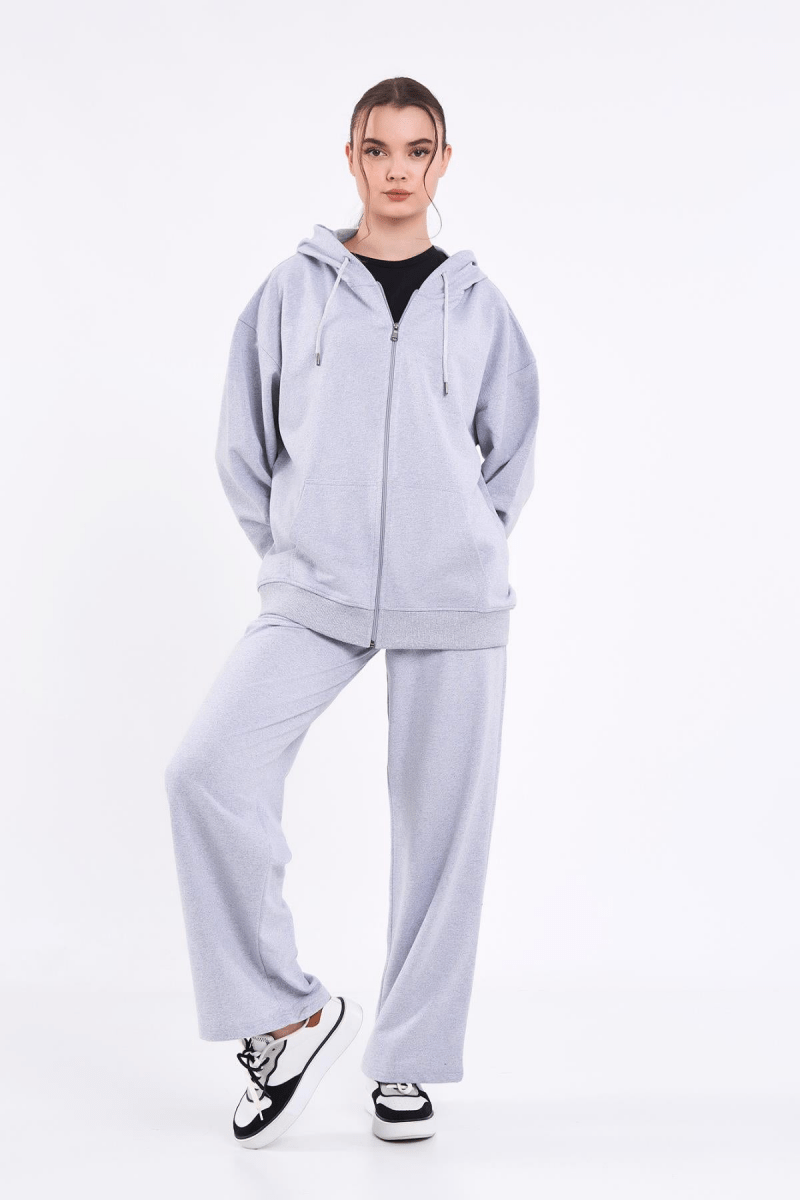 Kadın Gri Normal Kalıp Basic Beli Lastikli Kapüşonlu Oversize Mevsimlik Alt Üst Eşofman Takımı - MMETALIC