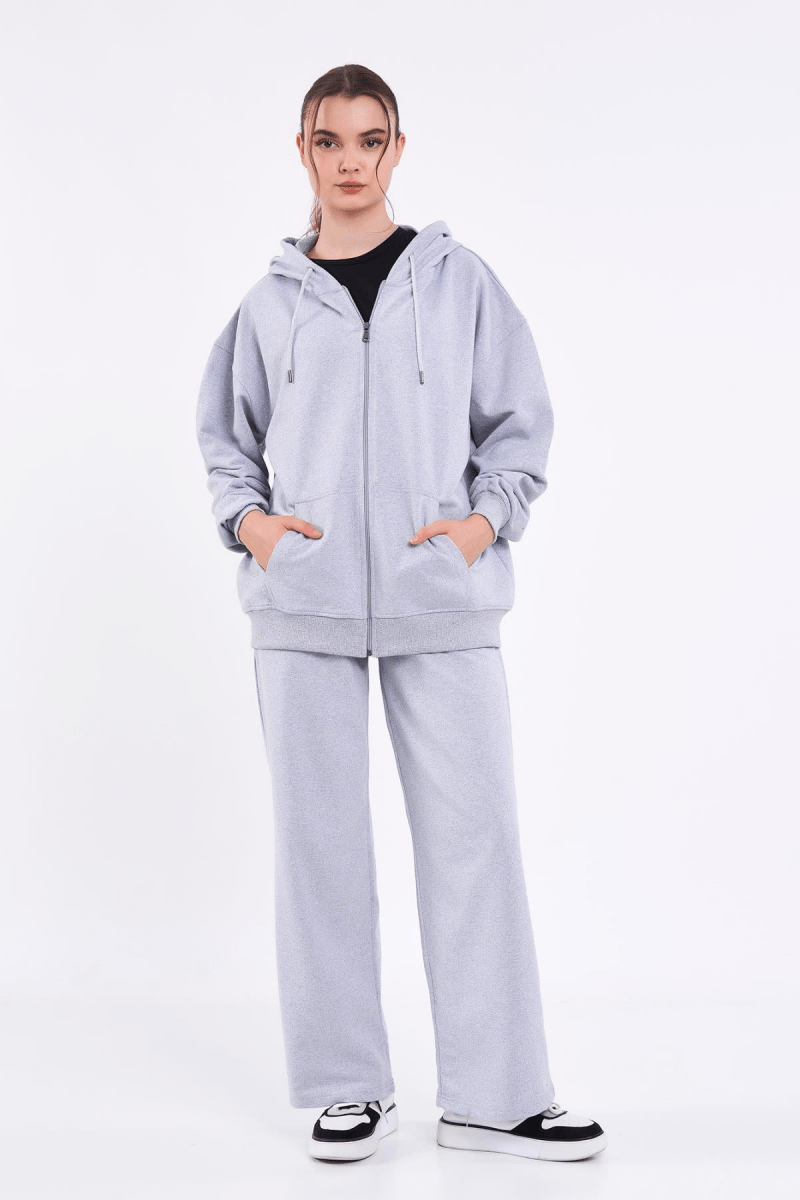 Kadın Gri Normal Kalıp Basic Beli Lastikli Kapüşonlu Oversize Mevsimlik Alt Üst Eşofman Takımı - MMETALIC