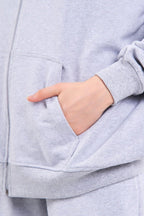 Kadın Gri Normal Kalıp Basic Beli Lastikli Kapüşonlu Oversize Mevsimlik Alt Üst Eşofman Takımı - MMETALIC