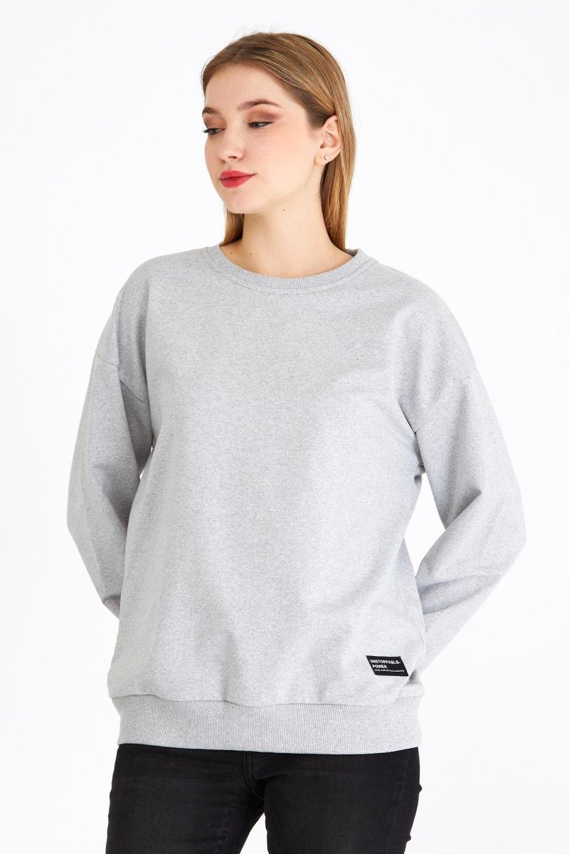 Kadın Gri Renk Basic Bisiklet Yaka Sweatshirt - MMETALIC