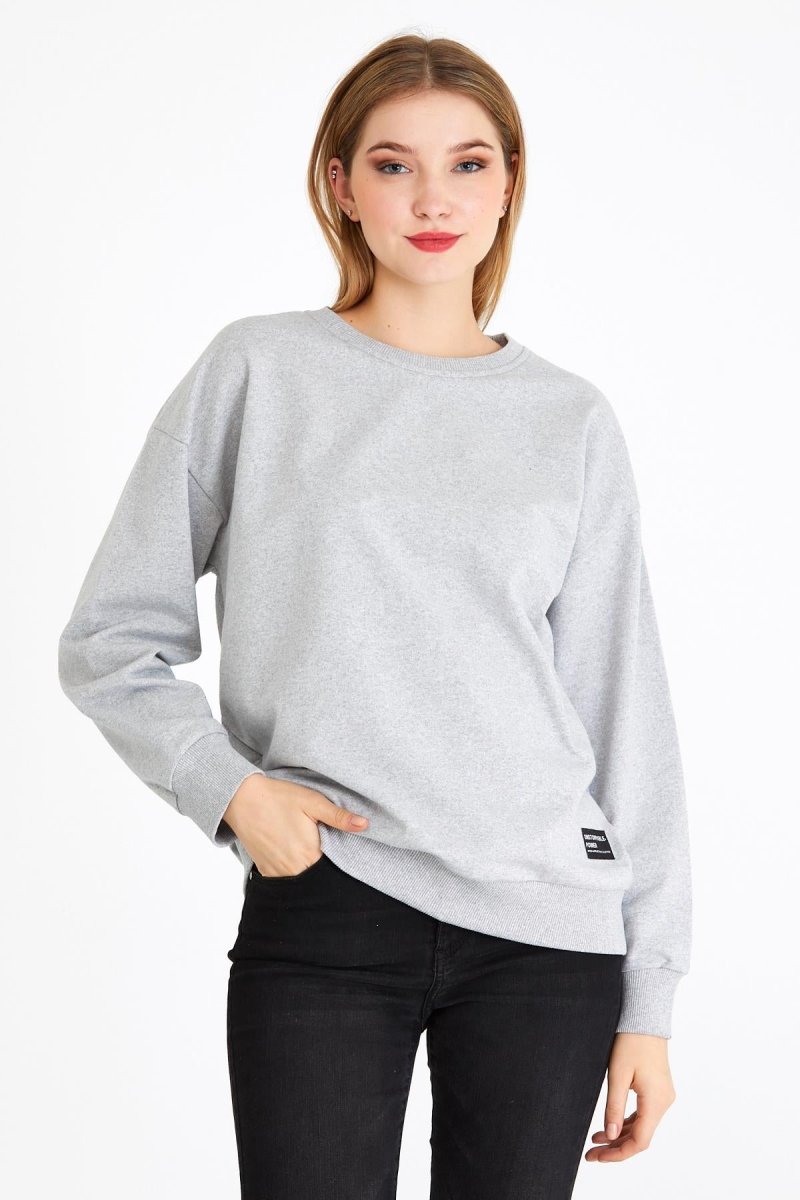 Kadın Gri Renk Basic Bisiklet Yaka Sweatshirt - MMETALIC
