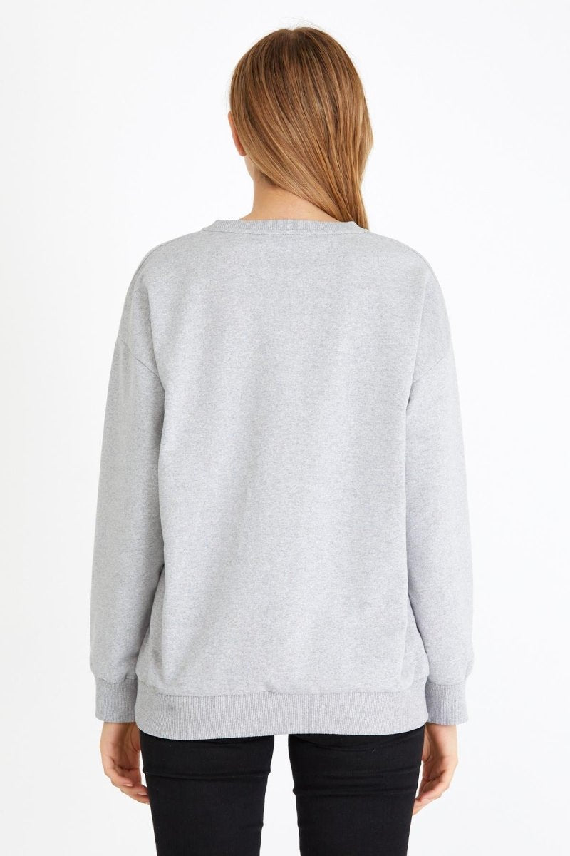 Kadın Gri Renk Basic Bisiklet Yaka Sweatshirt - MMETALIC