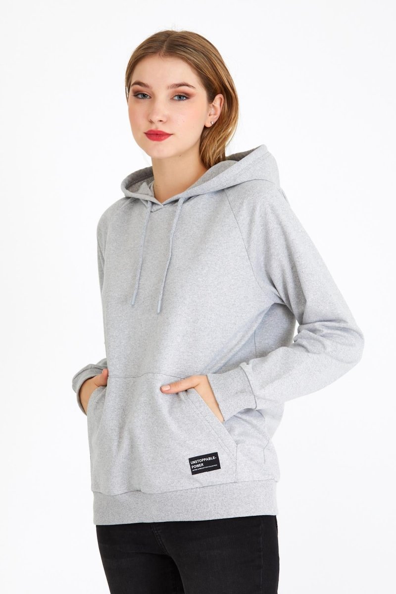 Kadın Gri Renk Kapüşonlu Basic Örme Sweatshirt - MMETALIC