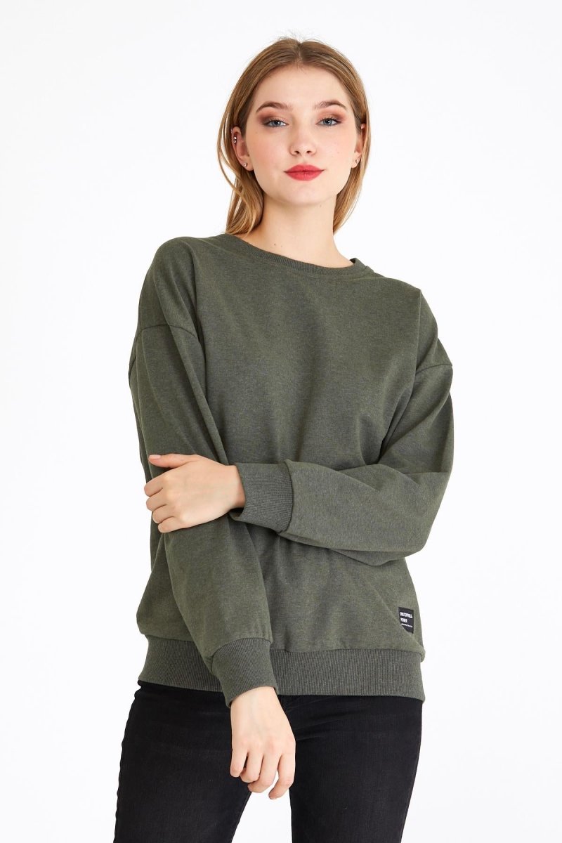 Kadın Haki Renk Basic Bisiklet Yaka Sweatshirt - MMETALIC