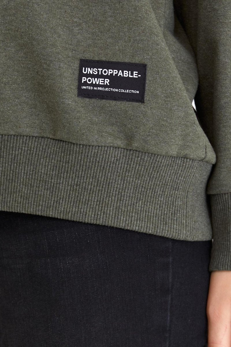 Kadın Haki Renk Basic Bisiklet Yaka Sweatshirt - MMETALIC