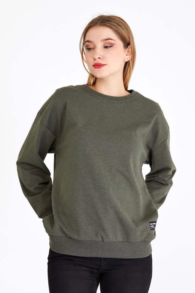 Kadın Haki Renk Basic Bisiklet Yaka Sweatshirt - MMETALIC