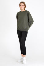 Kadın Haki Renk Basic Bisiklet Yaka Sweatshirt - MMETALIC