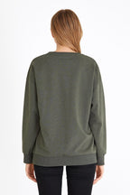 Kadın Haki Renk Basic Bisiklet Yaka Sweatshirt - MMETALIC