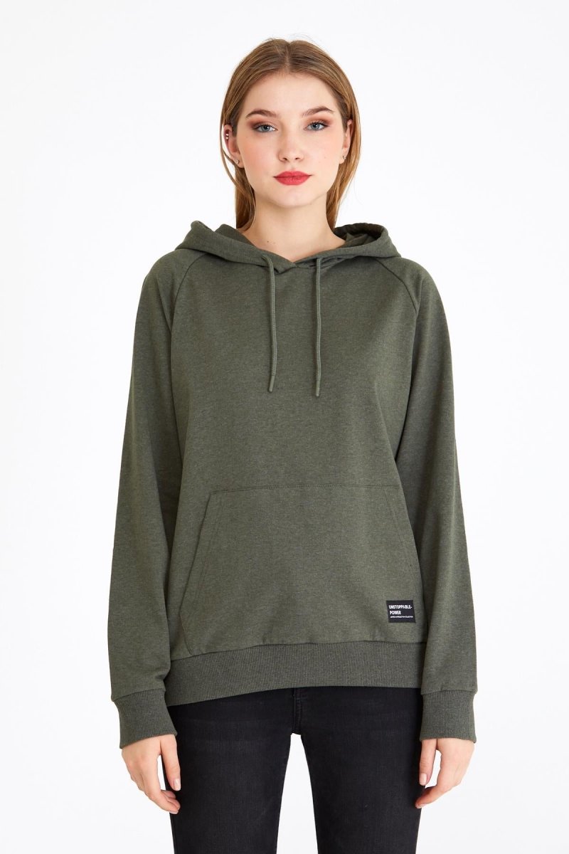 Kadın Haki Renk Kapüşonlu Basic Örme Sweatshirt - MMETALIC