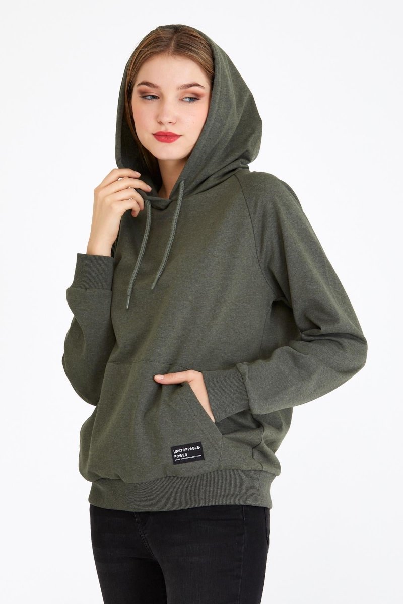 Kadın Haki Renk Kapüşonlu Basic Örme Sweatshirt - MMETALIC