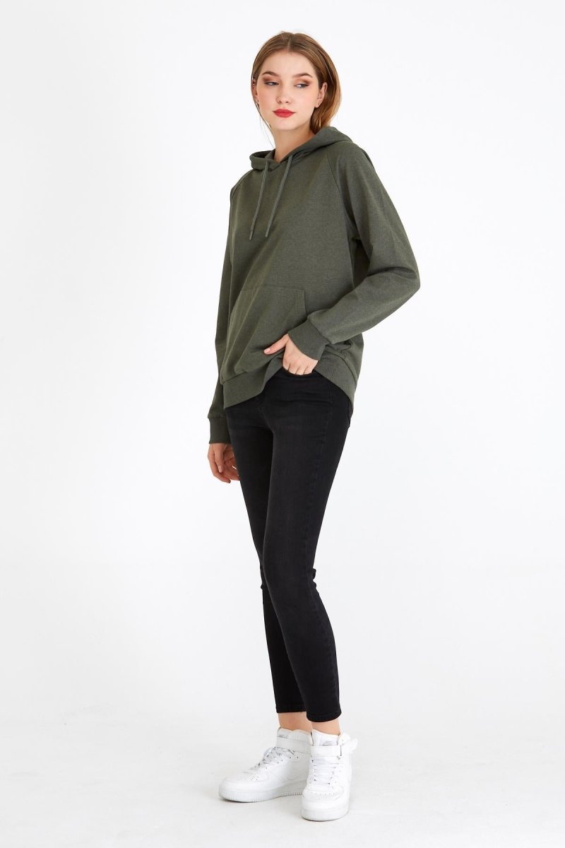 Kadın Haki Renk Kapüşonlu Basic Örme Sweatshirt - MMETALIC